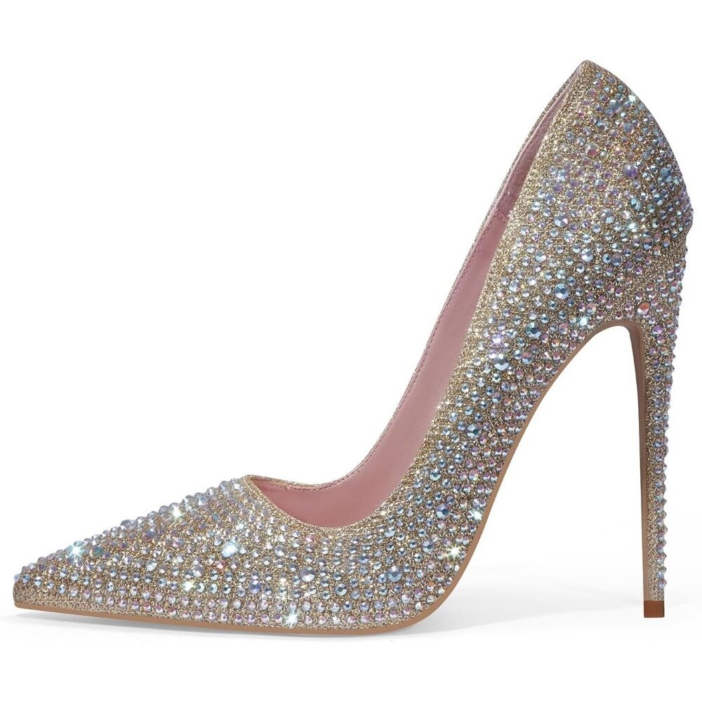 Women's Gold Pumps Pointed Toe High Heel Glitter Rhinestone Sparkly Shoes